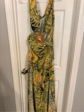 Fashion Nova Tropical Leaf Print Maxi Dress in Green and Yellow with Wood Buckle